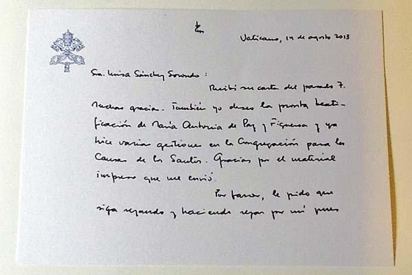 MISIVA En ella el Sumo Pontífice le pidió adem�s que rece por él 
