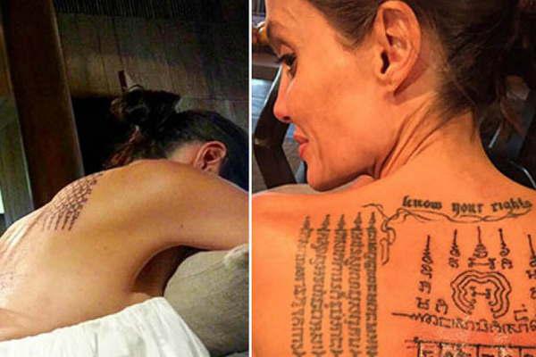 Angelina Jolie se tatuoacute toda la espalda como siacutembolo de su unioacuten con Brad Pitt seis meses antes de separarse