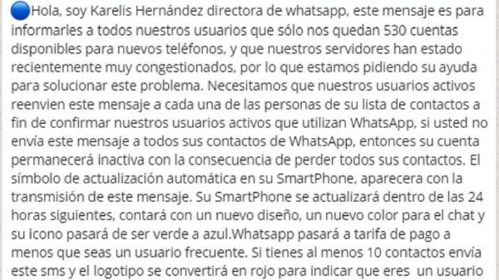 La falsa cadena que se viralizoacute en Whatsapp