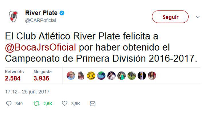 River felicitoacute a Boca por el tiacutetulo en las redes sociales