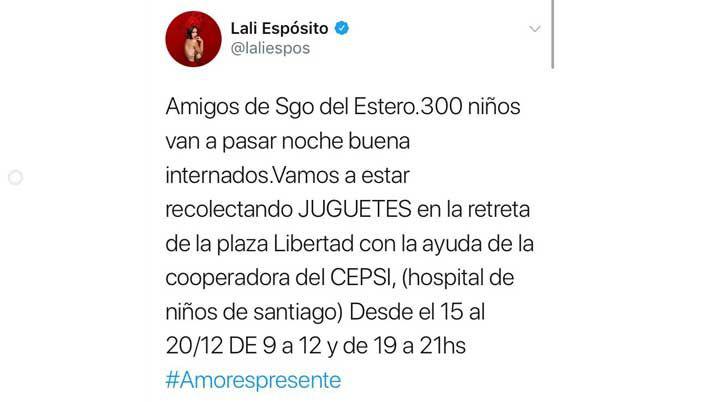 Lali Espoacutesito pide colaboraciones para los nintildeos del Cepsi en noche buena