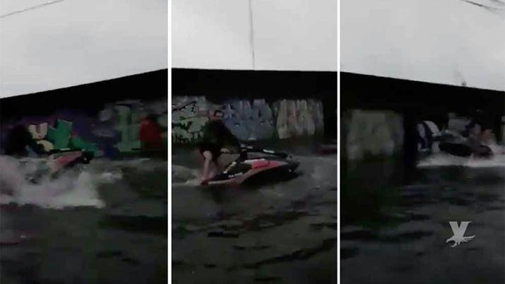VIDEO Un vecino salioacute a probar su jet ski en plena inundacioacuten