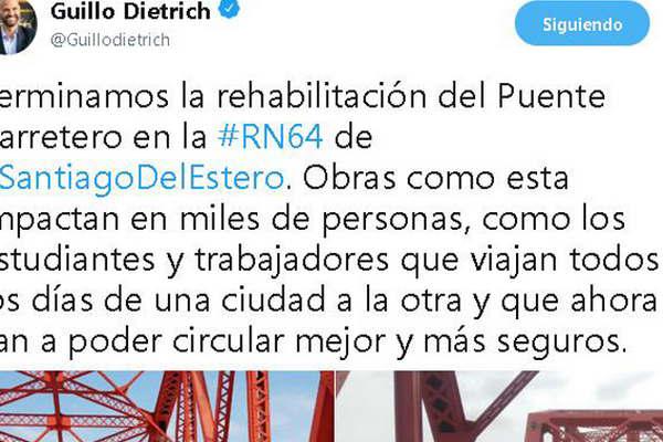 Dietrich destacoacute el impacto de la obra de reparacioacuten del Puente Carretero