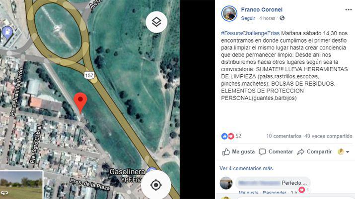 Desde Facebook Franco Coronel invita a los vecinos a reunirse esta tarde en el barrio Yapey para la limpieza de residuos