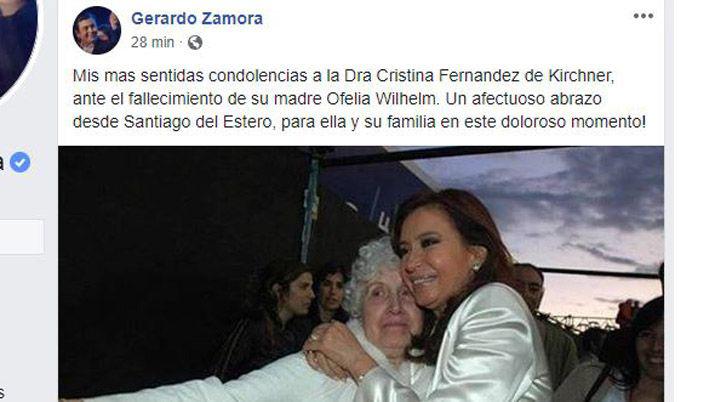 Zamora envioacute sus condolencias a CFK por el fallecimiento de su madre