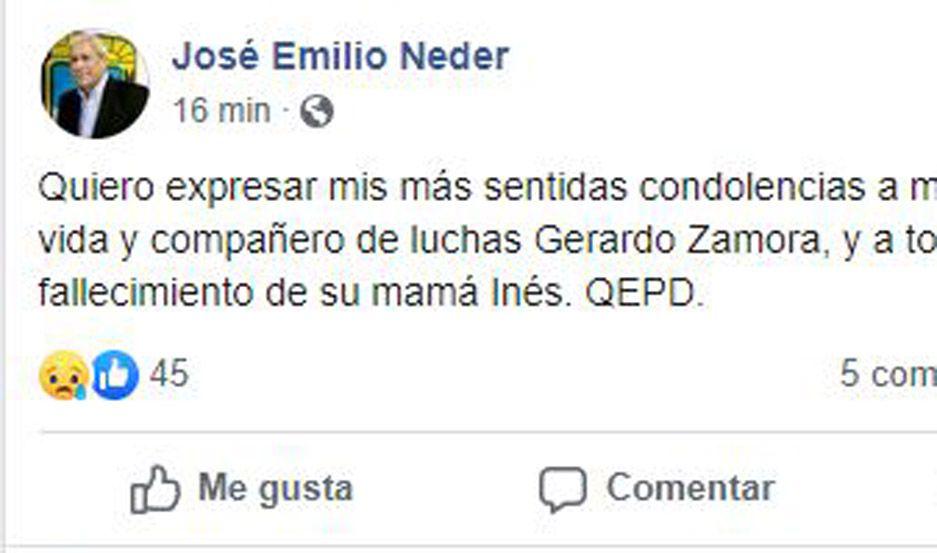 El vicegobernador Neder expresoacute sus condolencias por la muerte de la madre de Zamora