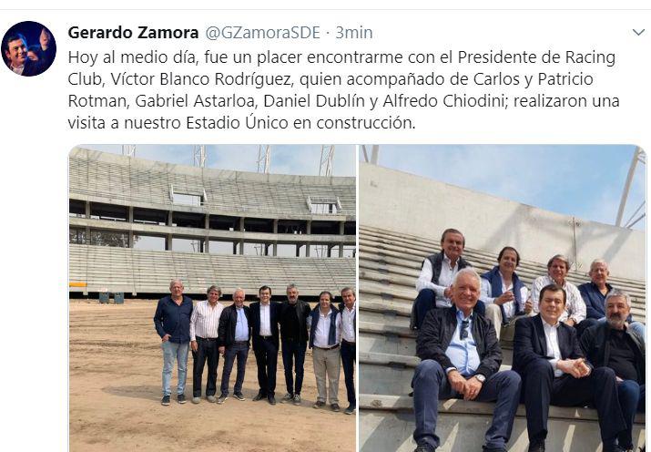 La visita al futuro Estadio Único fue presidida por el gobernador de Santiago del Estero Dr Gerardo Zamora el presidente de Racing Club de Avellaneda Víctor Blanco Rodríguez