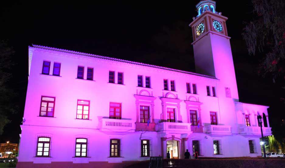 Las paredes de la  Casa de Gobierno se encuentran iluminadas de rosa