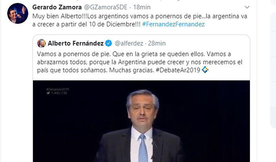 Zamora apoyoacute el discurso de Fernaacutendez en el debate presidencial