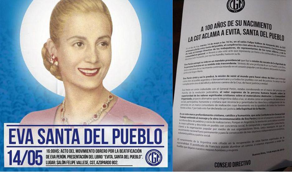 Desde la CGT se promueve que el Vaticano la declare Santa a Eva Perón