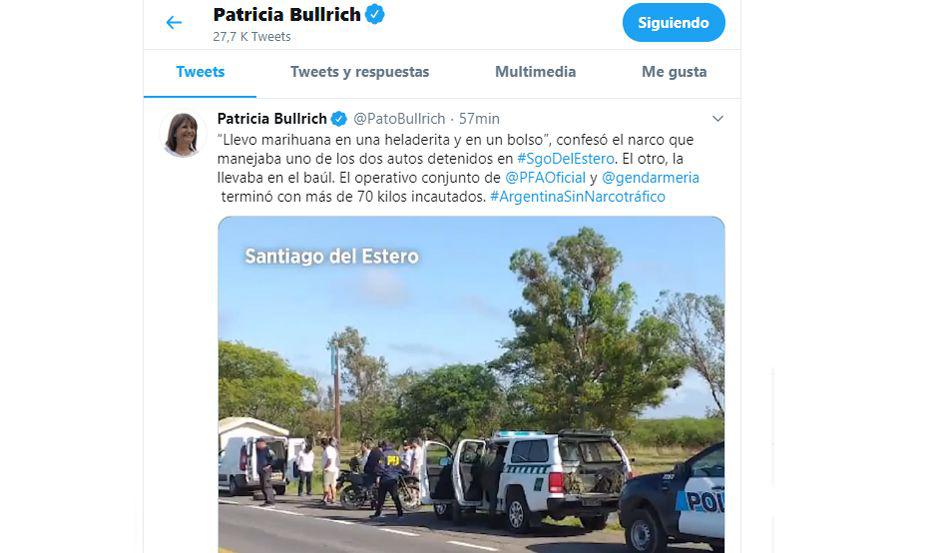 La ministra de Seguridad de la Nación publicó en Twitter un video del exitoso operativo antidrogas que se hizo esta semana en Chañar Pozo