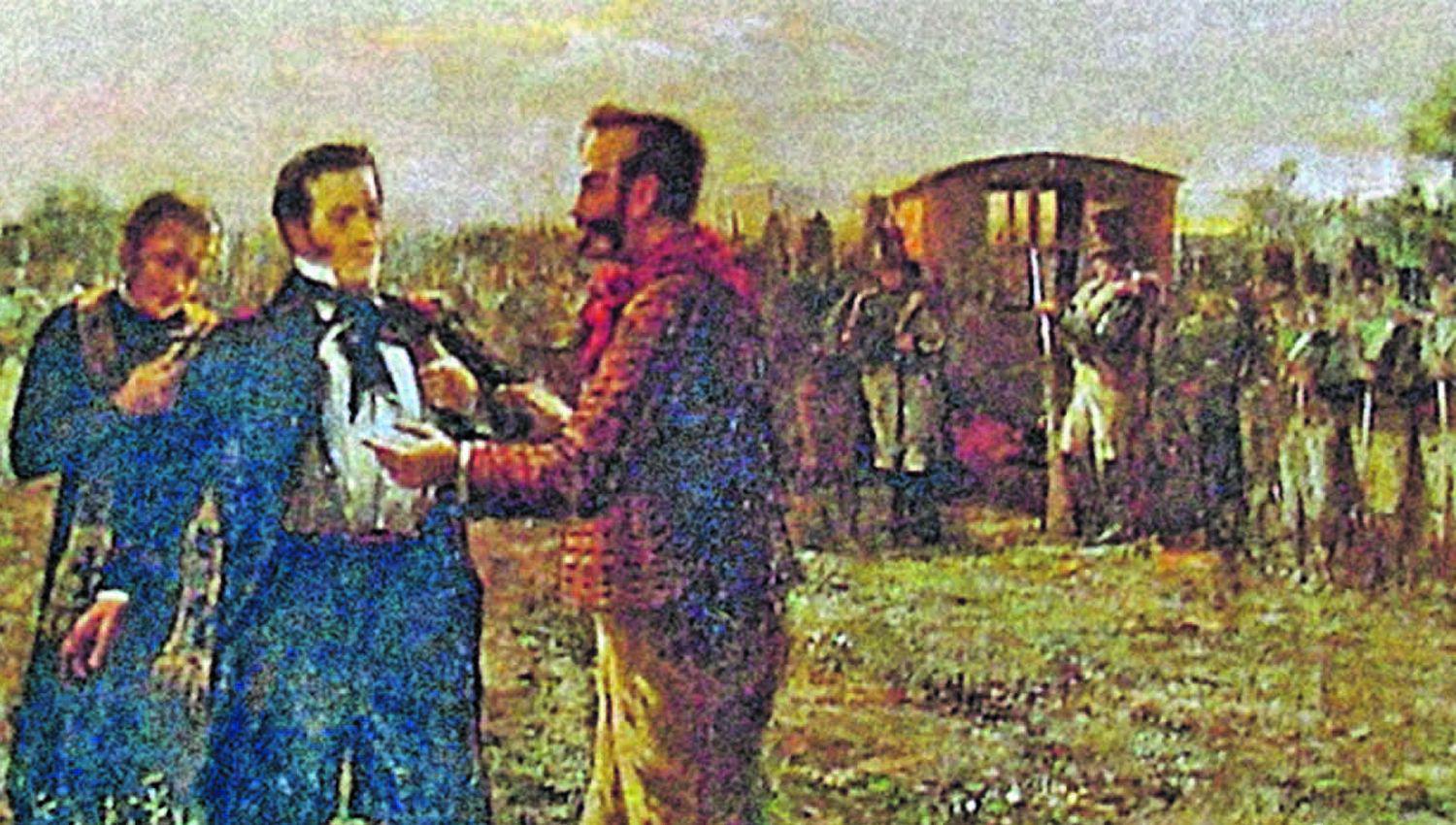 Gregorio Ar�oz de LaMadrid se despide de Manuel Dorrego quien va a ser fusilado en un trabajo del pintor argentino de fines del siglo XIX Augusto Ballerini