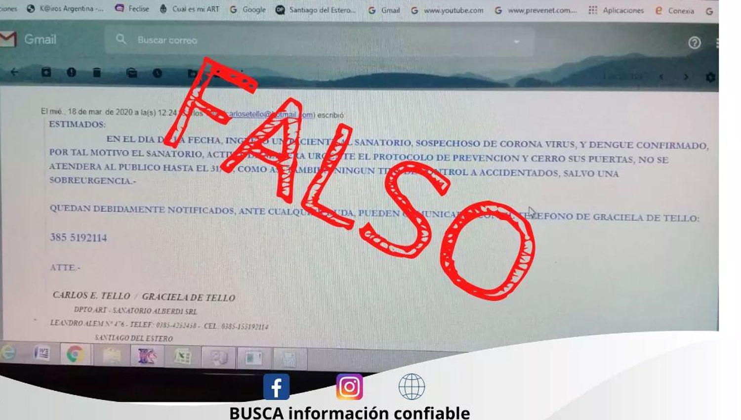 El Ministerio de Salud tildoacute de falso un correo electroacutenico