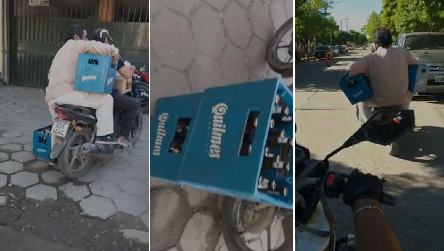 VIDEO Violaron la cuarentena y salieron en moto a comprar cerveza y vino