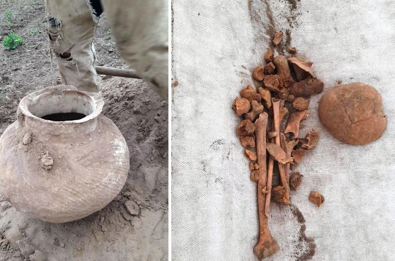 Sorprendente hallazgo de vasija con huesos humanos en un campo
