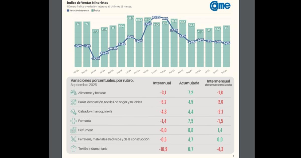 Por quinto mes consecutivo se derrumbaron las ventas en los comercios minoristas en septiembre