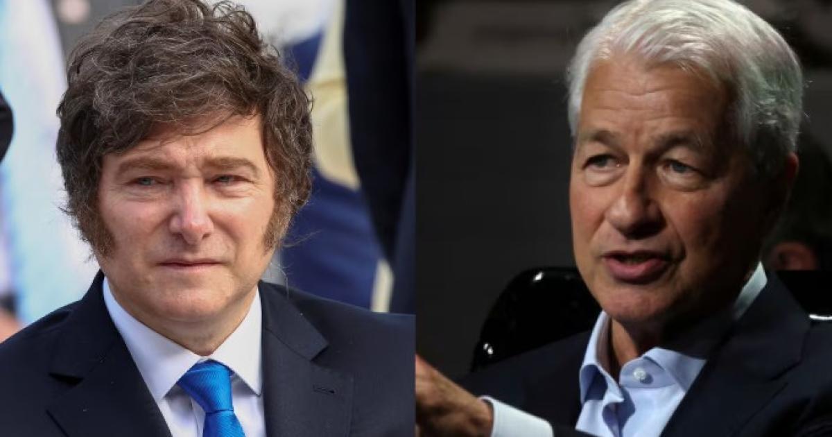 El presidente Javier Milei (izq) y el CEO de JP Morgan Jamie Dimon (der) (Crédito- REUTERSKevin Lamarque)
