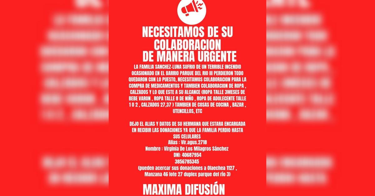 Incendio en Parque del Riacuteo 3- piden colaboracioacuten urgente para la familia afectada