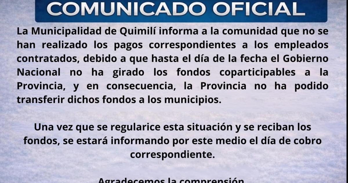 Quimiliacute- intendente informoacute que por la caiacuteda de la coparticipacioacuten auacuten no pagoacute a los contratados