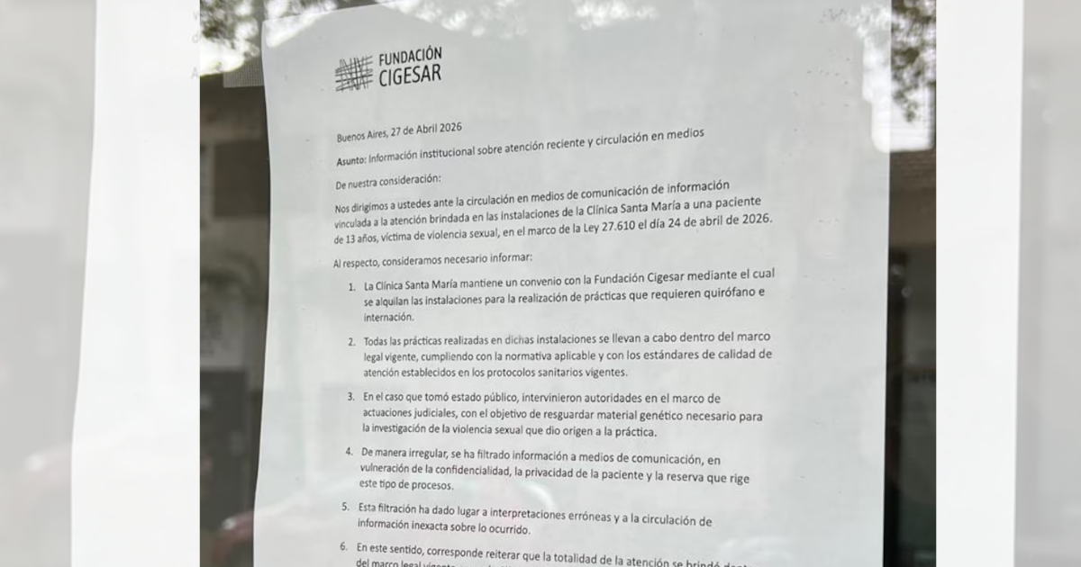 La ONG involucrada en el aborto de la nena santiaguentildea sacoacute un comunicado y dijo tener un convenio con la Cliacutenica Santa Mariacutea