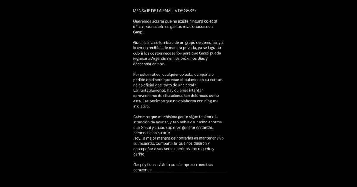 La familia de Gaspi desmintioacute colectas por su repatriacioacuten- Cualquier pedido de dinero es una estafa