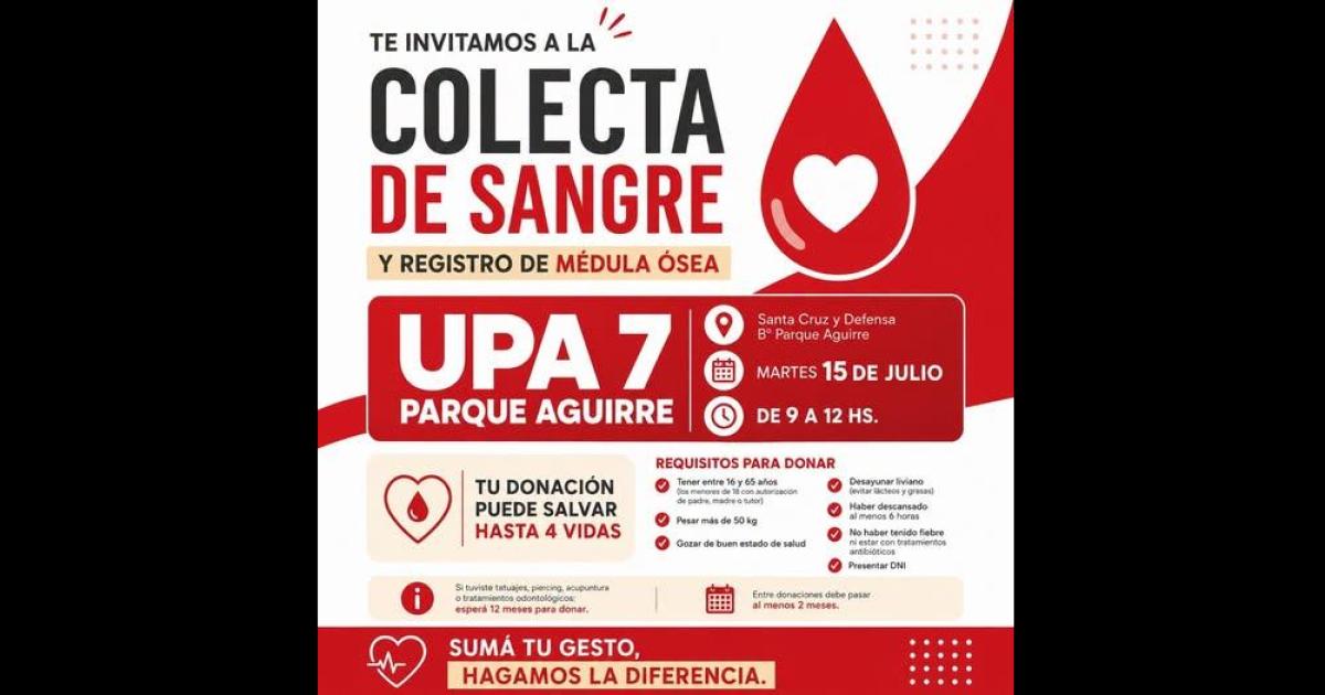 Convocan a una colecta voluntaria de sangre en la UPA Parque Aguirre