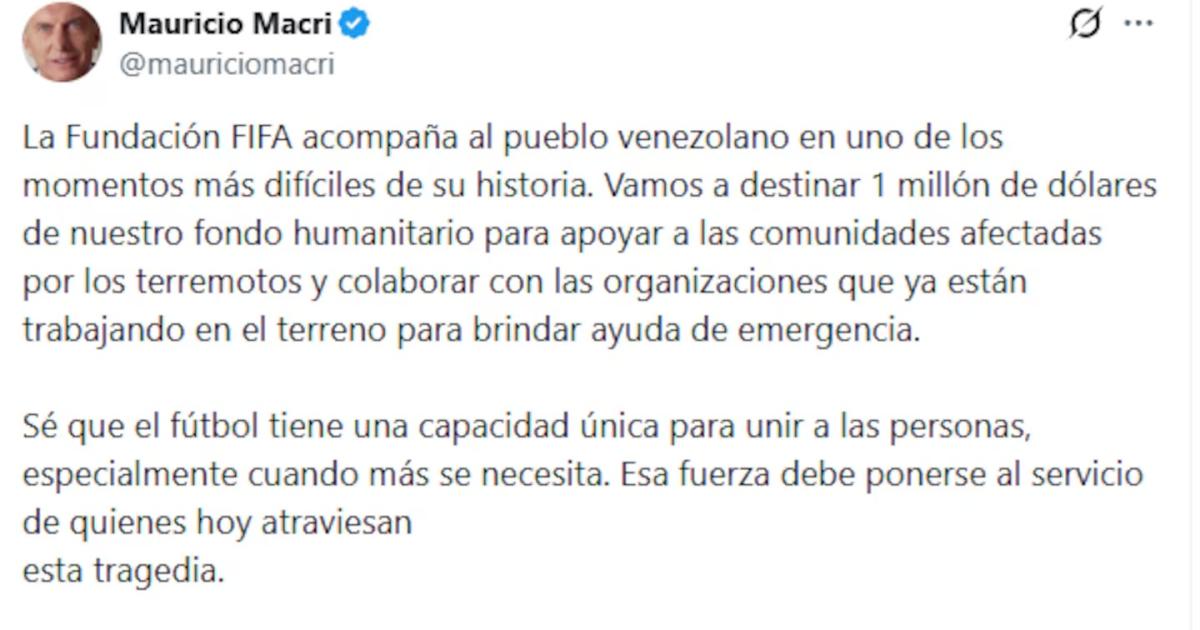 Mauricio Macri anuncioacute que la Fundacioacuten FIFA destinaraacute ayuda a comunidades afectadas por los sismos en Venezuela
