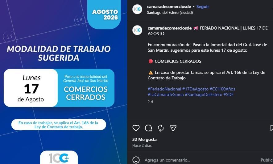 Feriado del 17 de agosto: c&oacute;mo funcionar&aacute;n el comercio y el transporte en Santiago del Estero