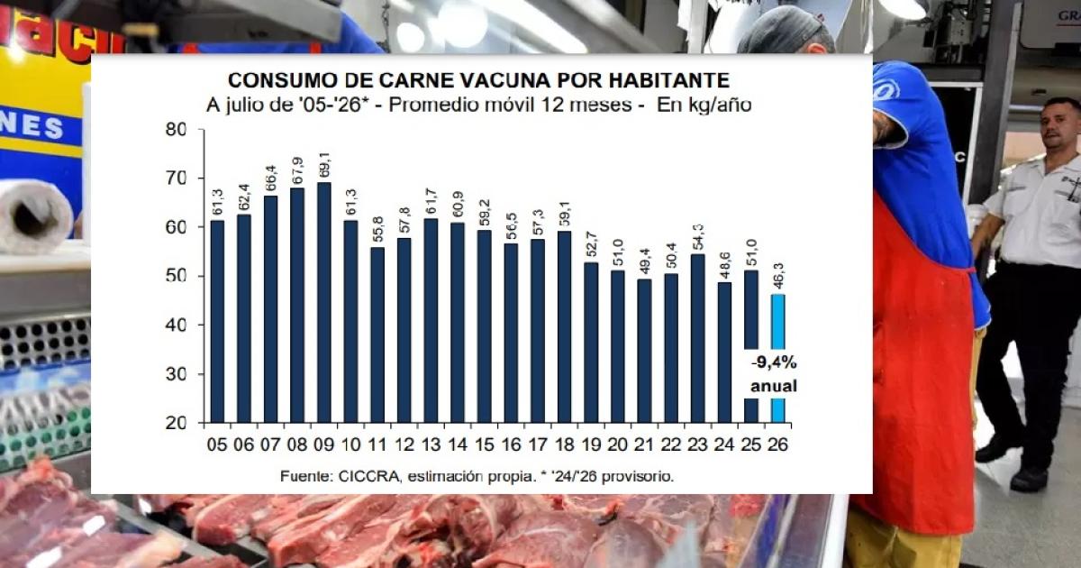 El consumo de carne vacuna se hundioacute 12-en-porciento- en julio y perforoacute miacutenimos en maacutes de dos deacutecadas