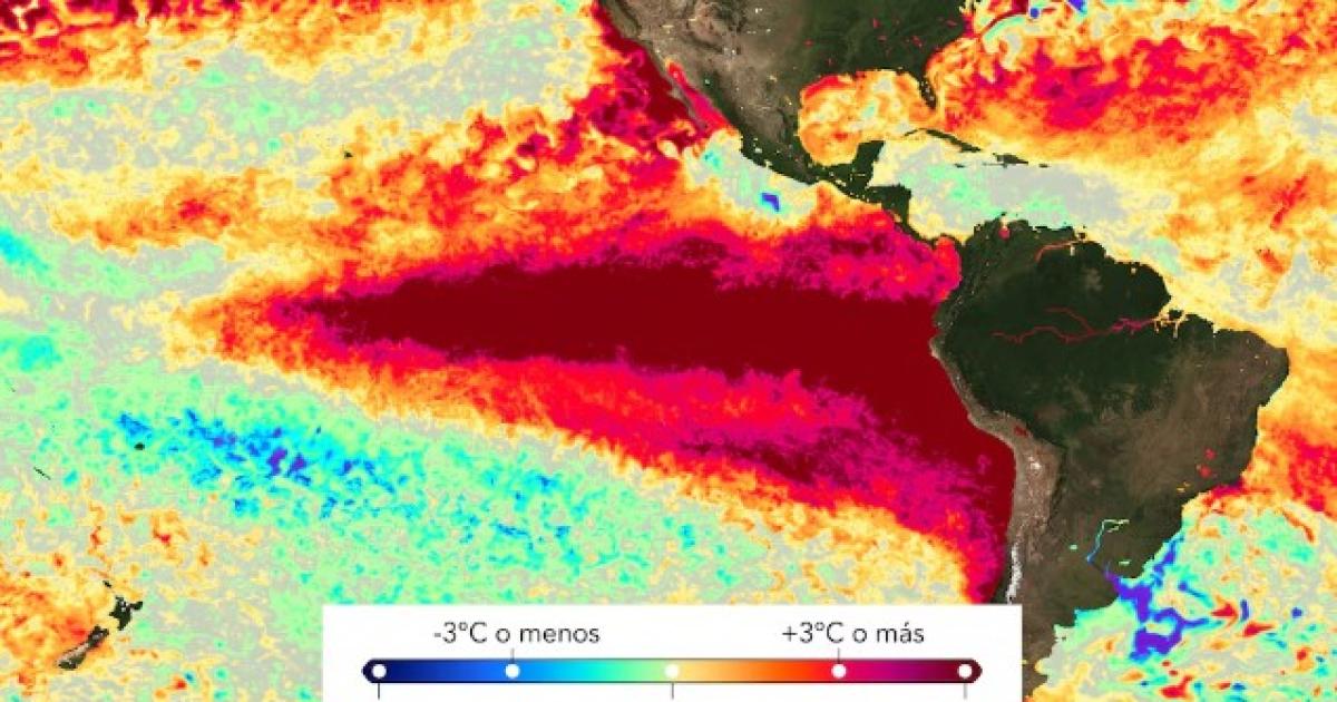 Un mapa térmico registra el incremento de la temperatura superficial en el océano Pacífico ecuatorial debido al fenómeno de El Niño junto con una escala en grados Celsius (Imagen Ilustrativa Infobae)
