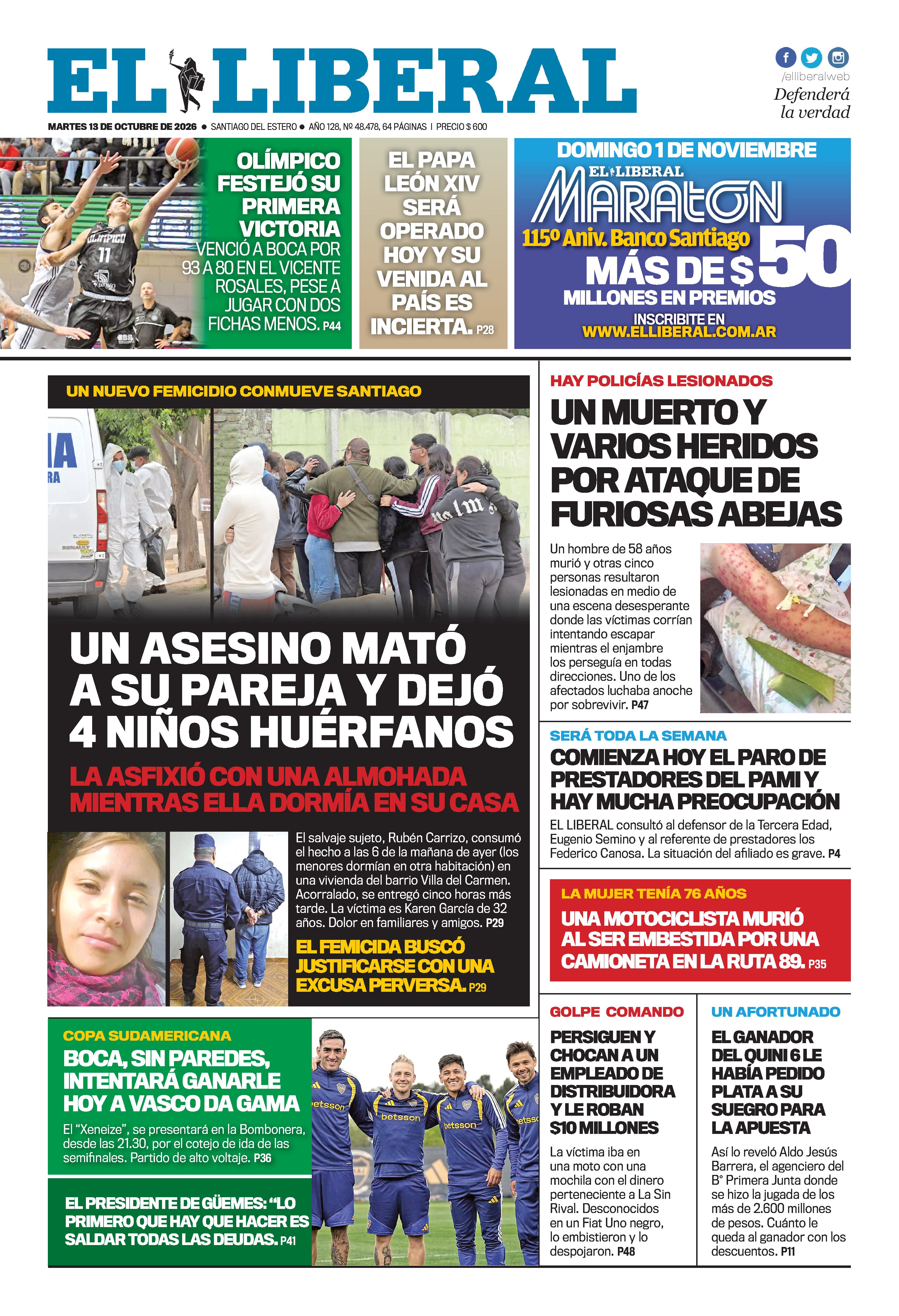 Tapa del diario El Liberal de Santiago del Estero del 13/10/2026