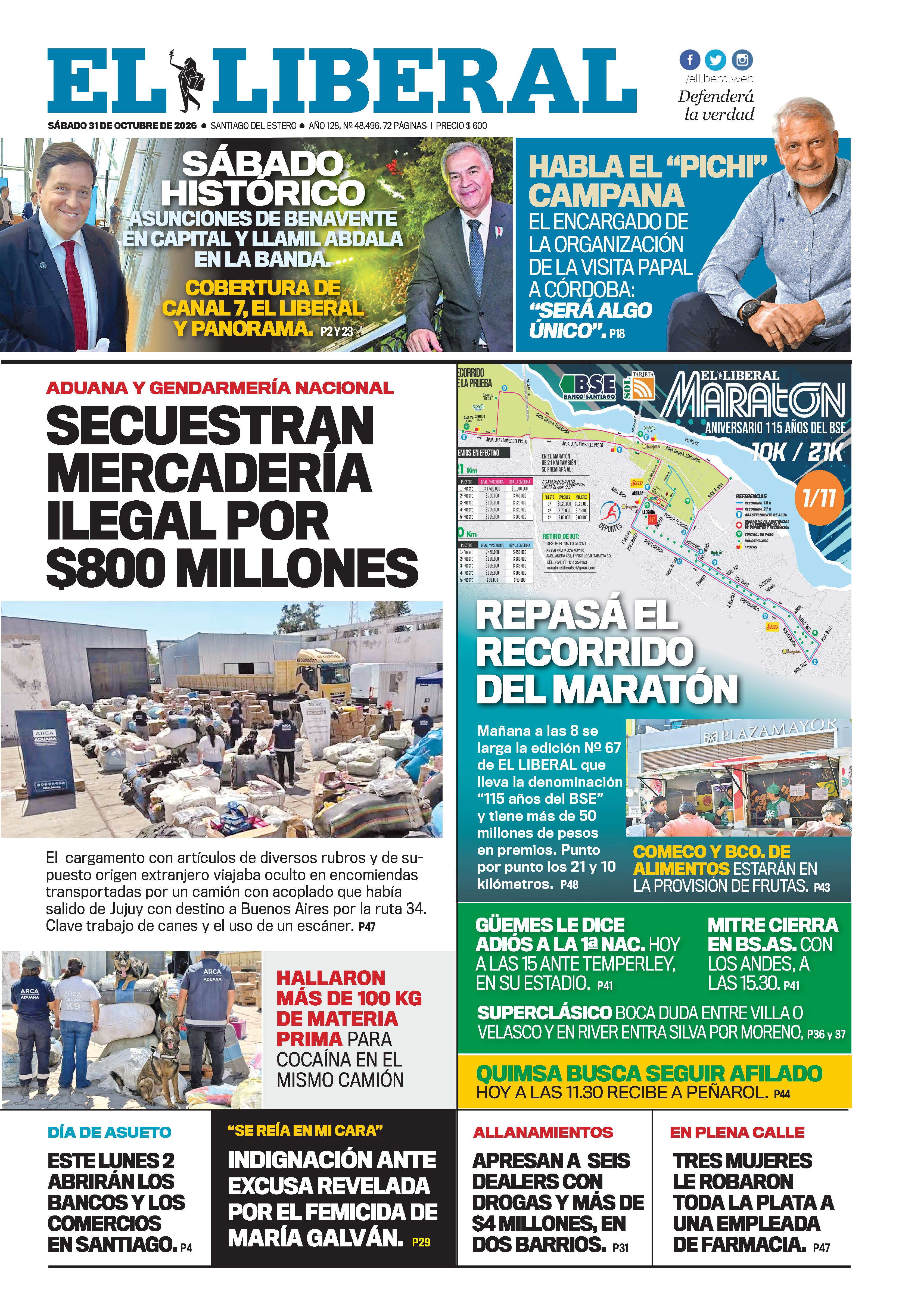 Tapa del diario El Liberal de Santiago del Estero del 31/10/2026