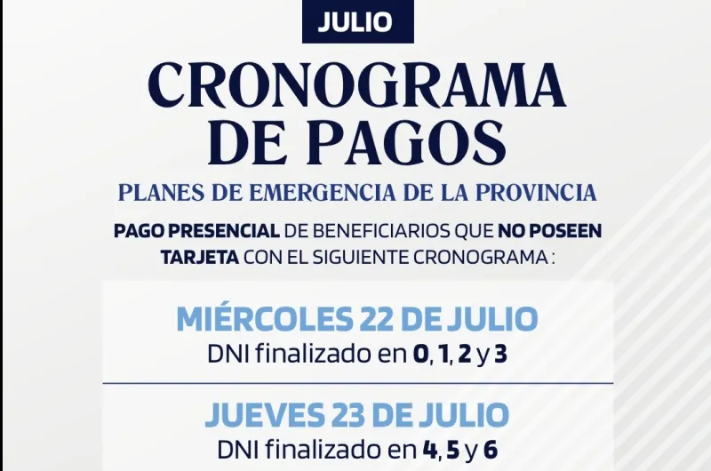 Beneficiarios de planes de emergencia provincial percibirán la última cuota del bono y el pago de julio